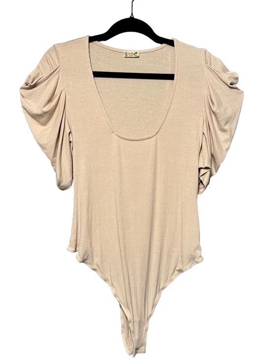 Free People So Fresh Shirred Puff Sleeve Ribbed Bodysuit in Dust Storm Large - Picture 3 of 13